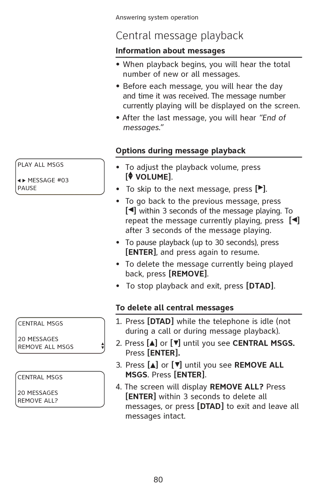 AT&T 1080 manual Information about messages, To delete all central messages 