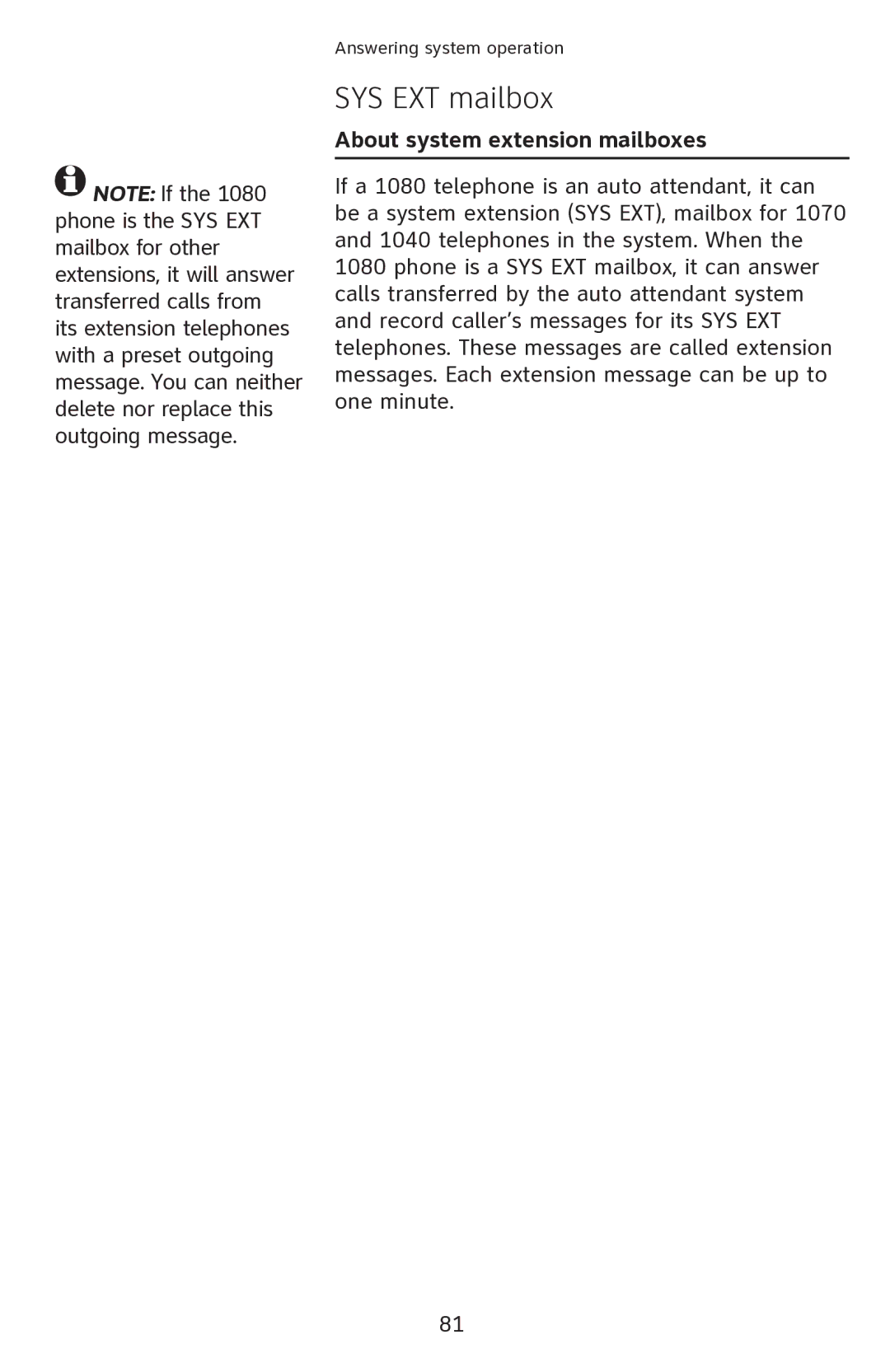 AT&T 1080 manual SYS EXT mailbox, About system extension mailboxes 