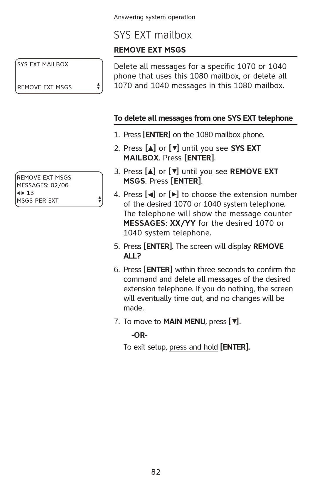 AT&T 1080 manual Remove ext msgs, To delete all messages from one SYS EXT telephone 