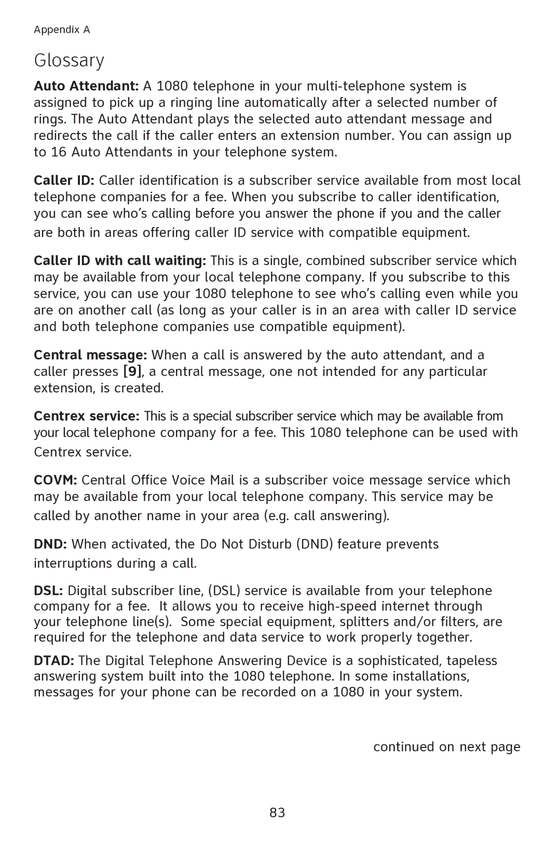 AT&T 1080 manual Glossary 