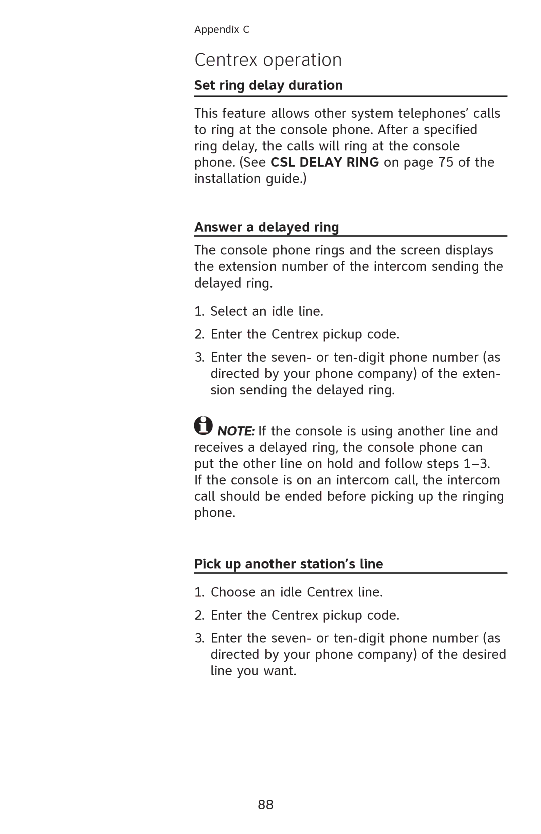 AT&T 1080 manual Centrex operation, Set ring delay duration, Answer a delayed ring, Pick up another station’s line 