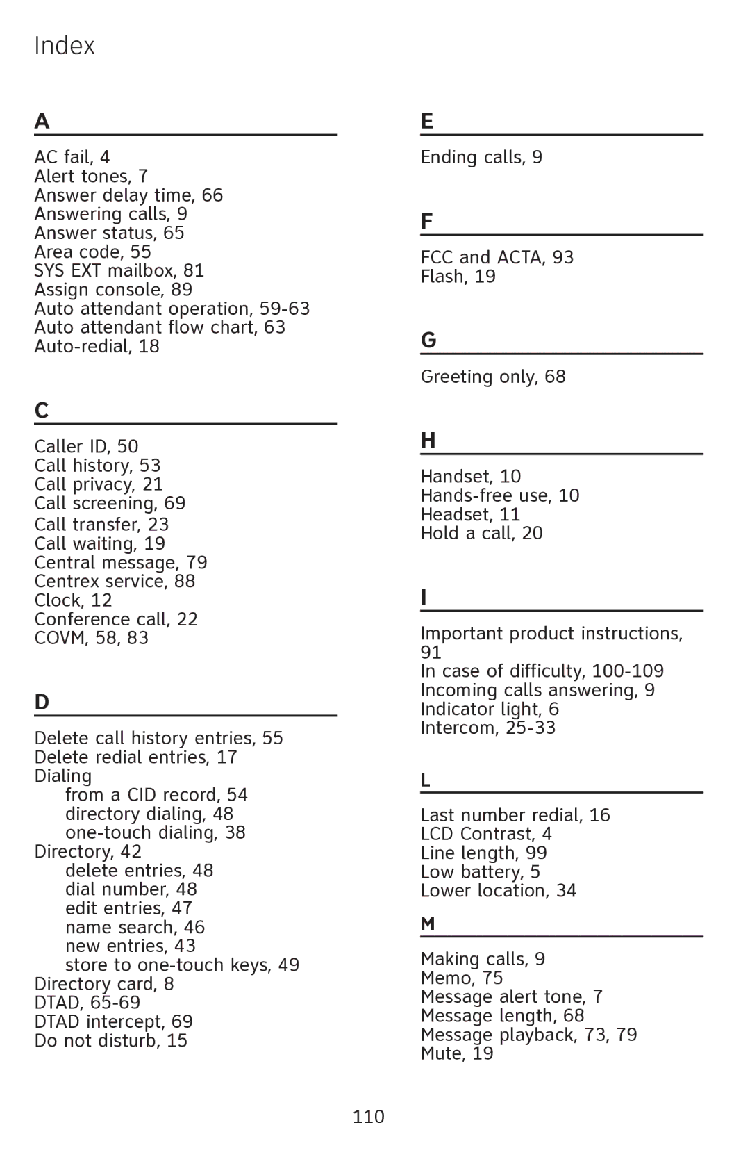 AT&T 1080 manual Index 