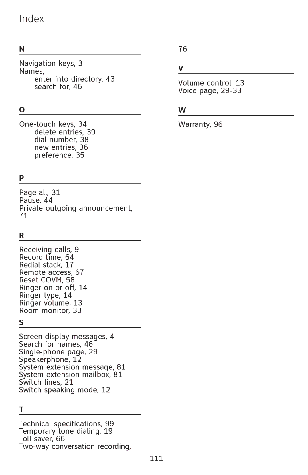 AT&T 1080 manual Index 