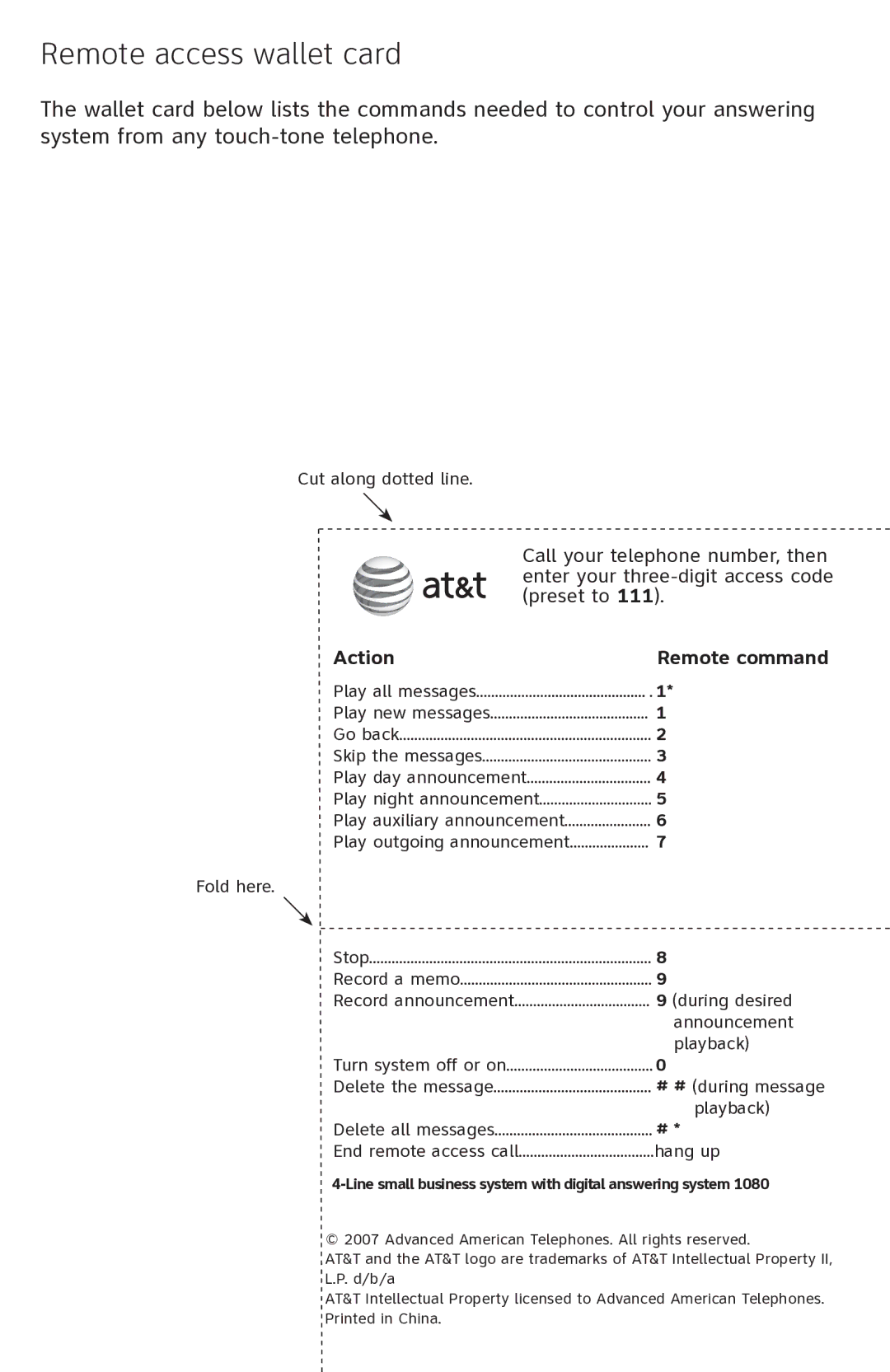 AT&T 1080 manual Remote access wallet card, Action Remote command 