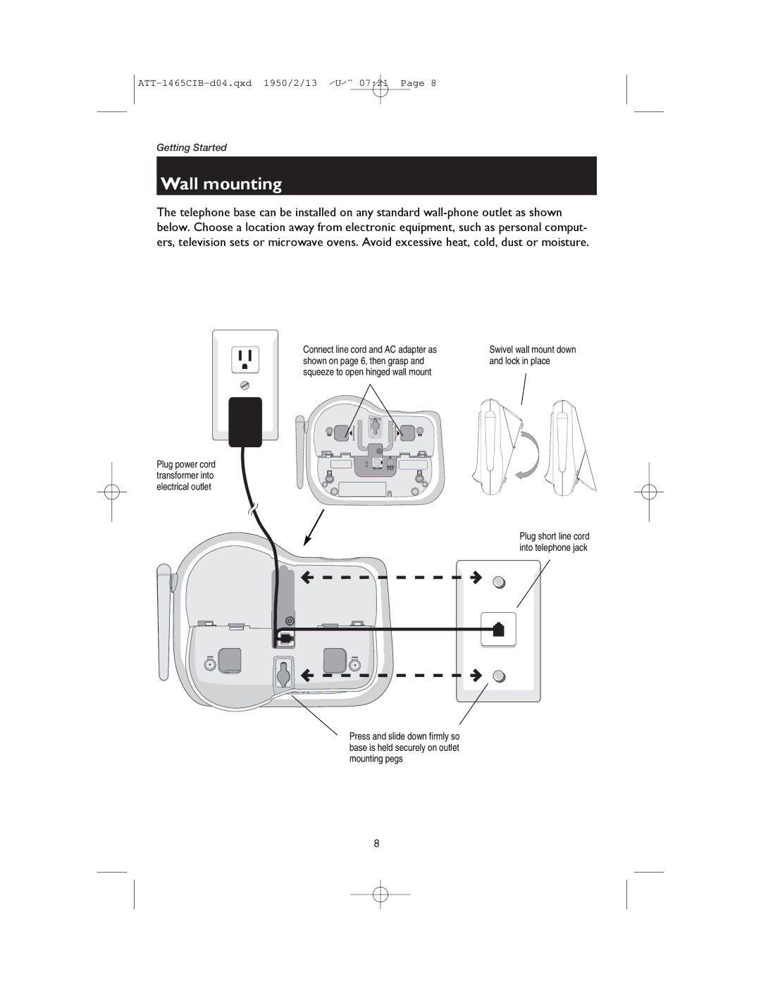 AT&T 1165 user manual Wall mounting, Connect line cord and AC adapter as 