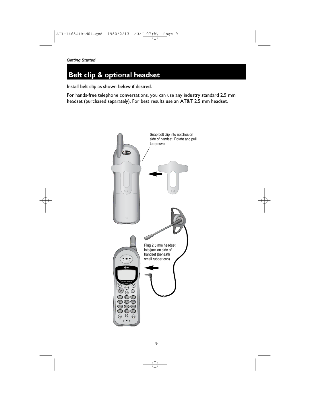 AT&T 1165 user manual Belt clip & optional headset, Install belt clip as shown below if desired 