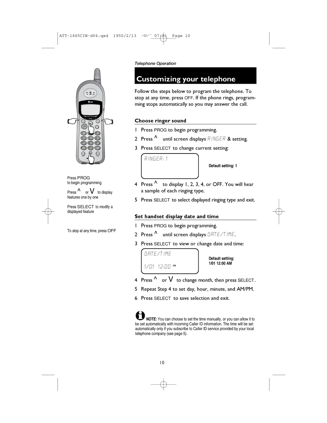 AT&T 1165 user manual Customizing your telephone, Choose ringer sound, Set handset display date and time 