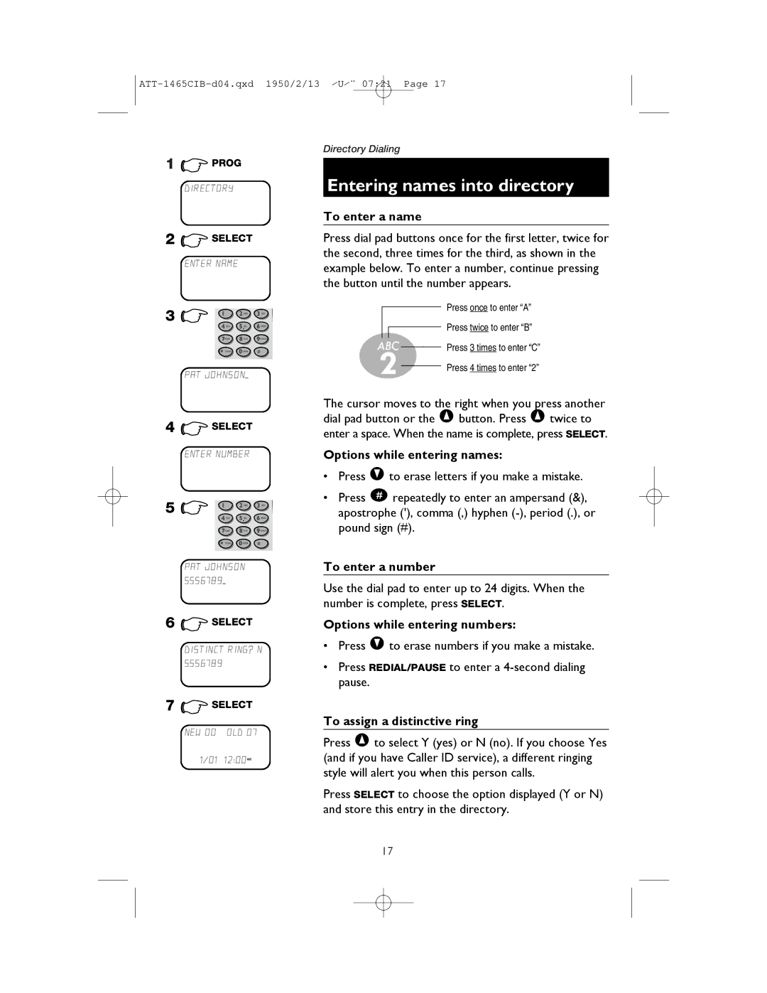 AT&T 1165 user manual Entering names into directory 