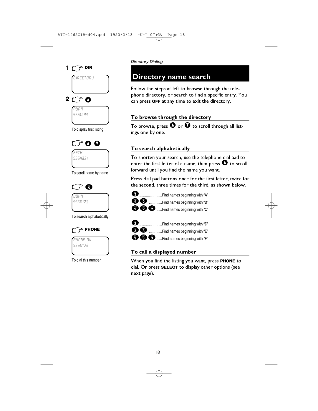 AT&T 1165 Directory name search, To browse through the directory, To search alphabetically, To call a displayed number 