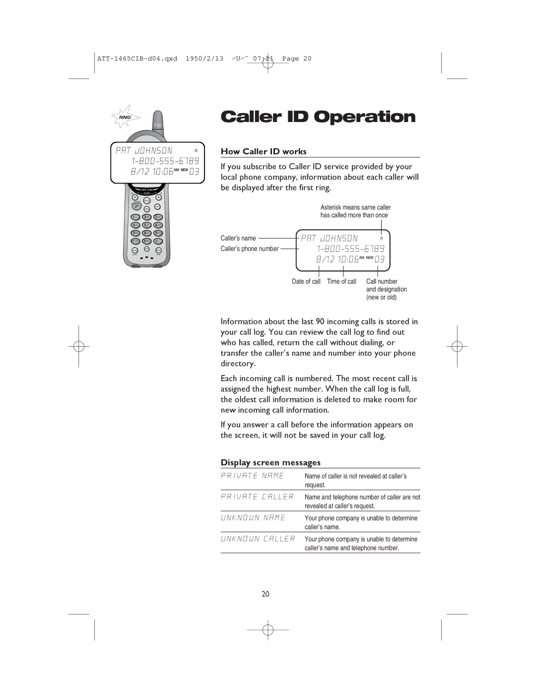 AT&T 1165 user manual Caller ID Operation 