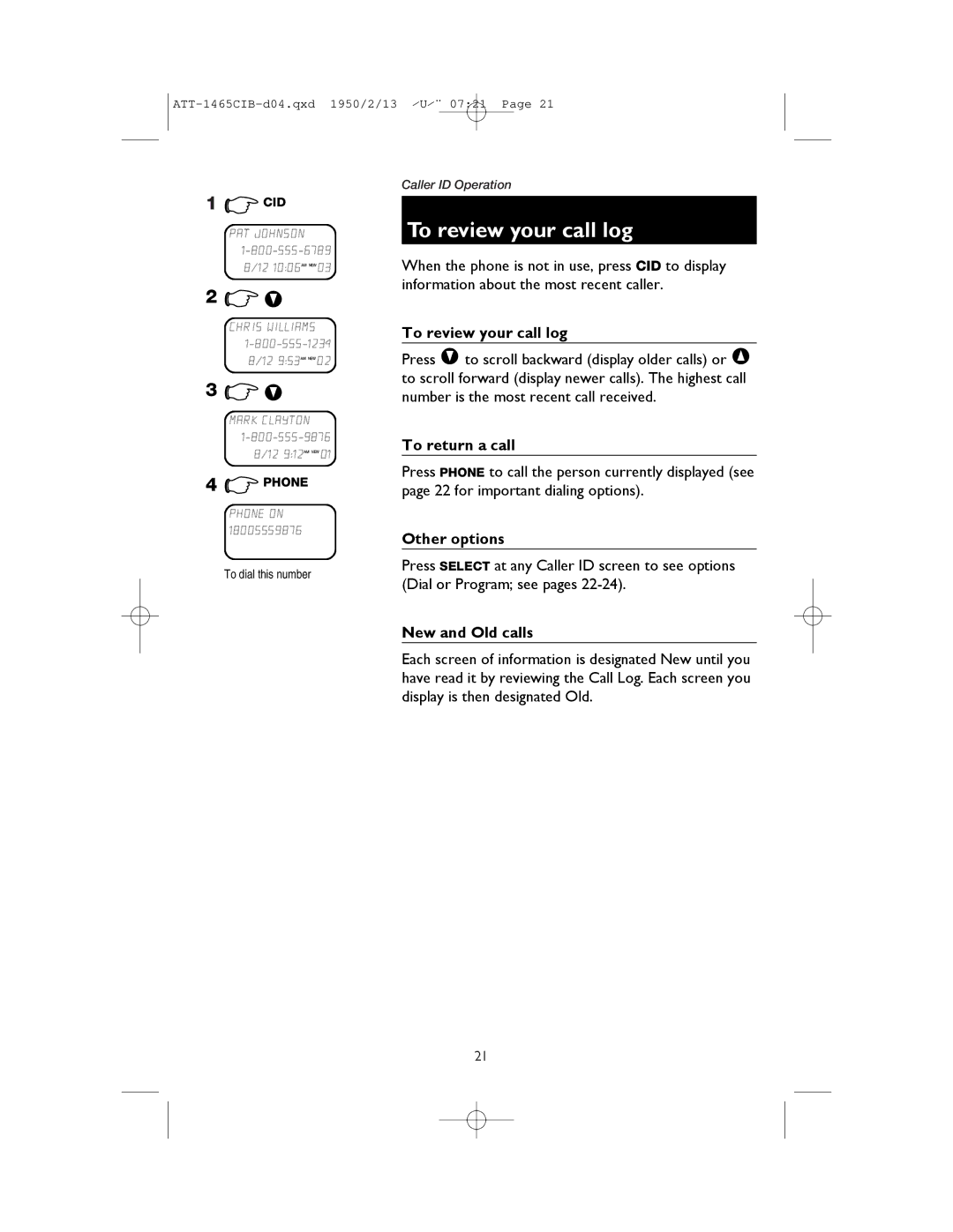 AT&T 1165 user manual To review your call log, To return a call, Other options, New and Old calls 