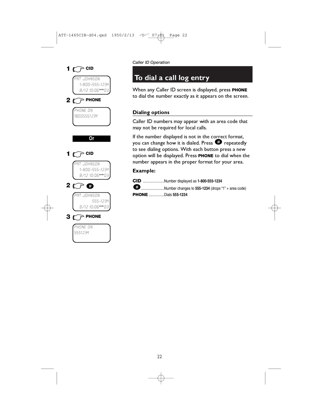 AT&T 1165 user manual To dial a call log entry, Dialing options, Example, Number displayed as 