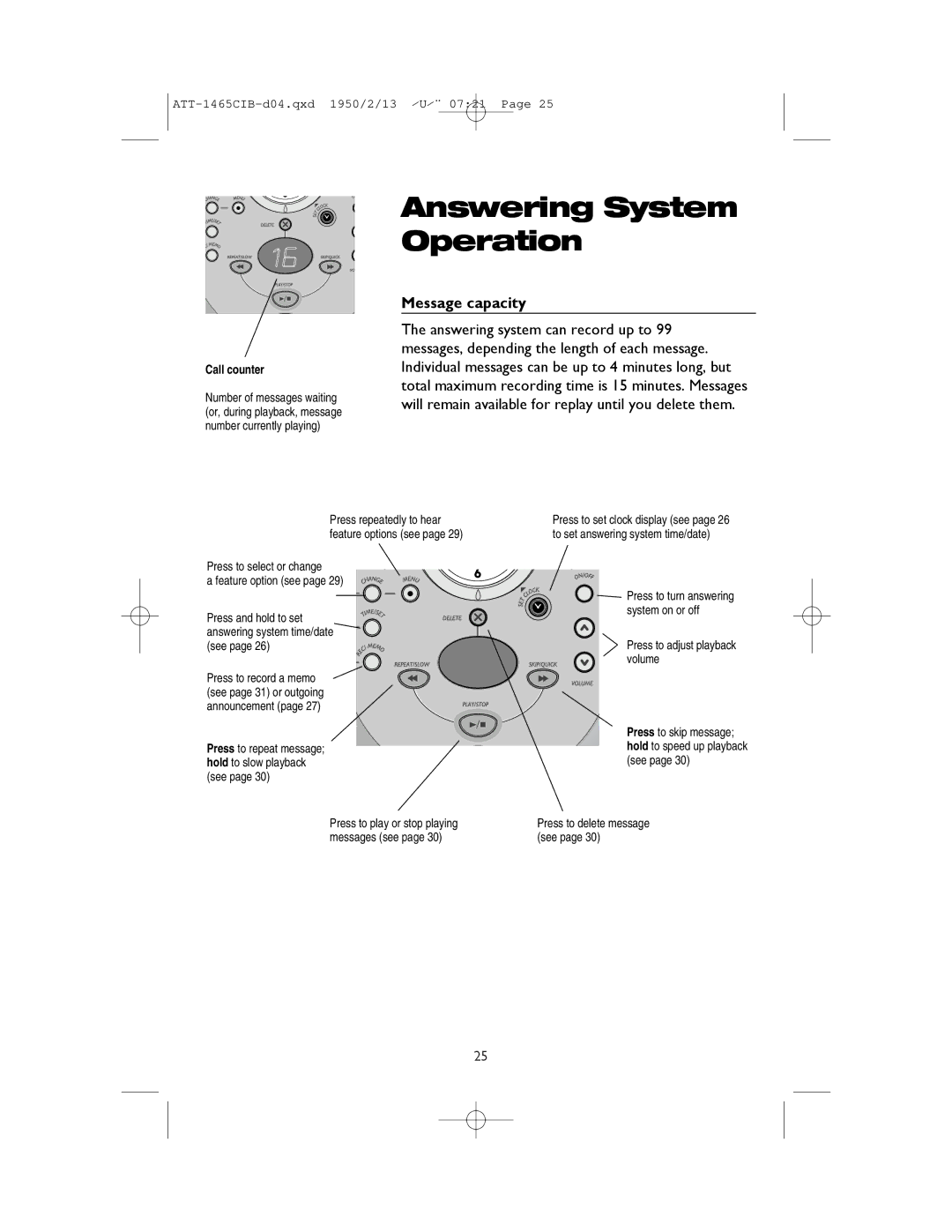 AT&T 1165 user manual Message capacity, Press to adjust playback volume 