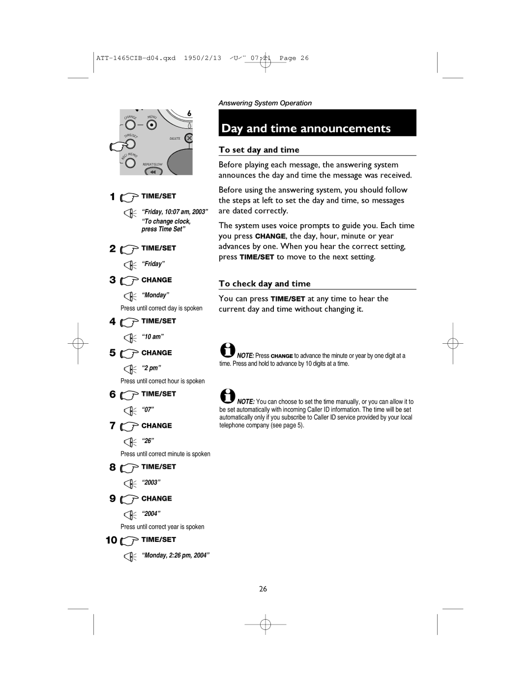 AT&T 1165 Day and time announcements, To set day and time, To check day and time, Press until correct minute is spoken 