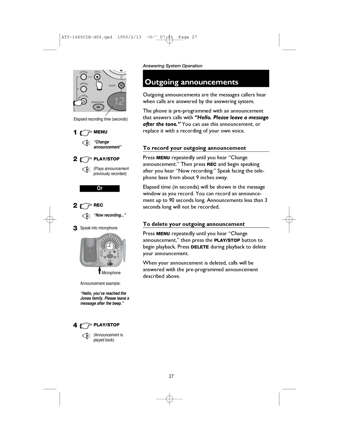 AT&T 1165 user manual Outgoing announcements, To record your outgoing announcement, To delete your outgoing announcement 