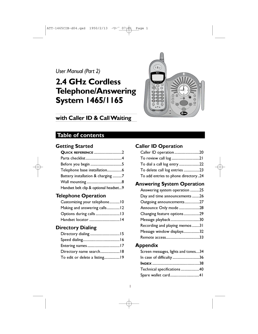 AT&T user manual GHz Cordless Telephone/Answering System 1465/1165, Table of contents 