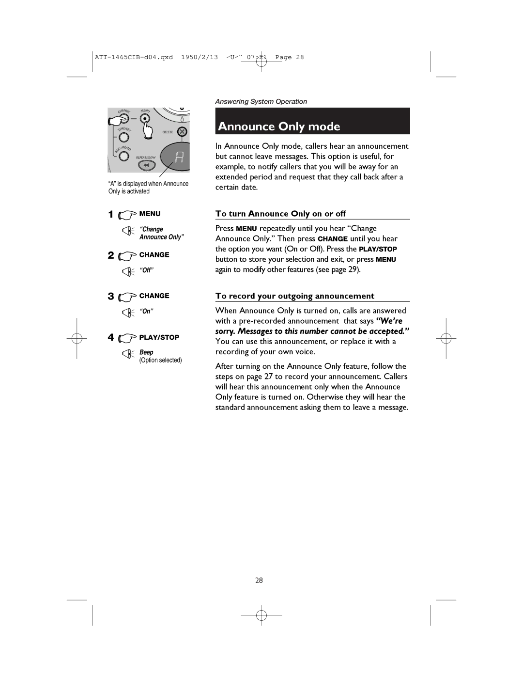 AT&T 1165 user manual Announce Only mode, To turn Announce Only on or off, Option selected 