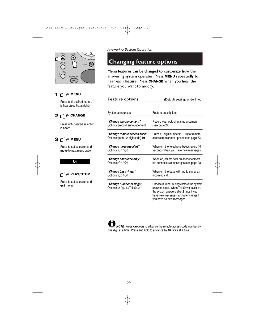 AT&T 1165 user manual Changing feature options, Feature options 