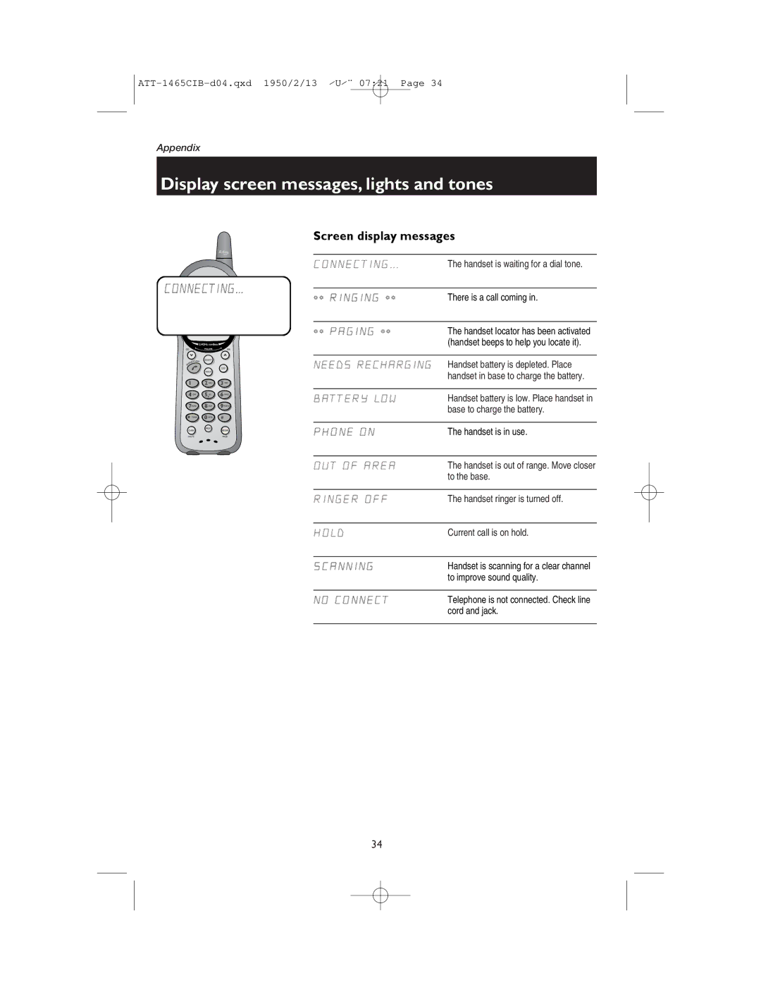 AT&T 1165 user manual Display screen messages, lights and tones, Screen display messages 