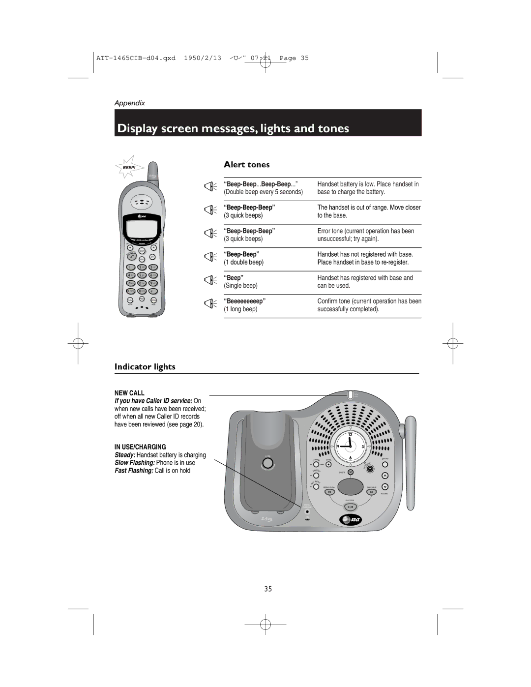 AT&T 1165 user manual Alert tones, Indicator lights, Steady Handset battery is charging 