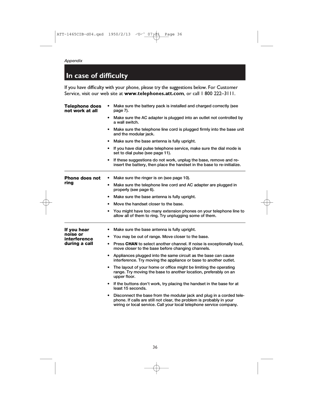 AT&T 1165 user manual Case of difficulty, Not work at all 