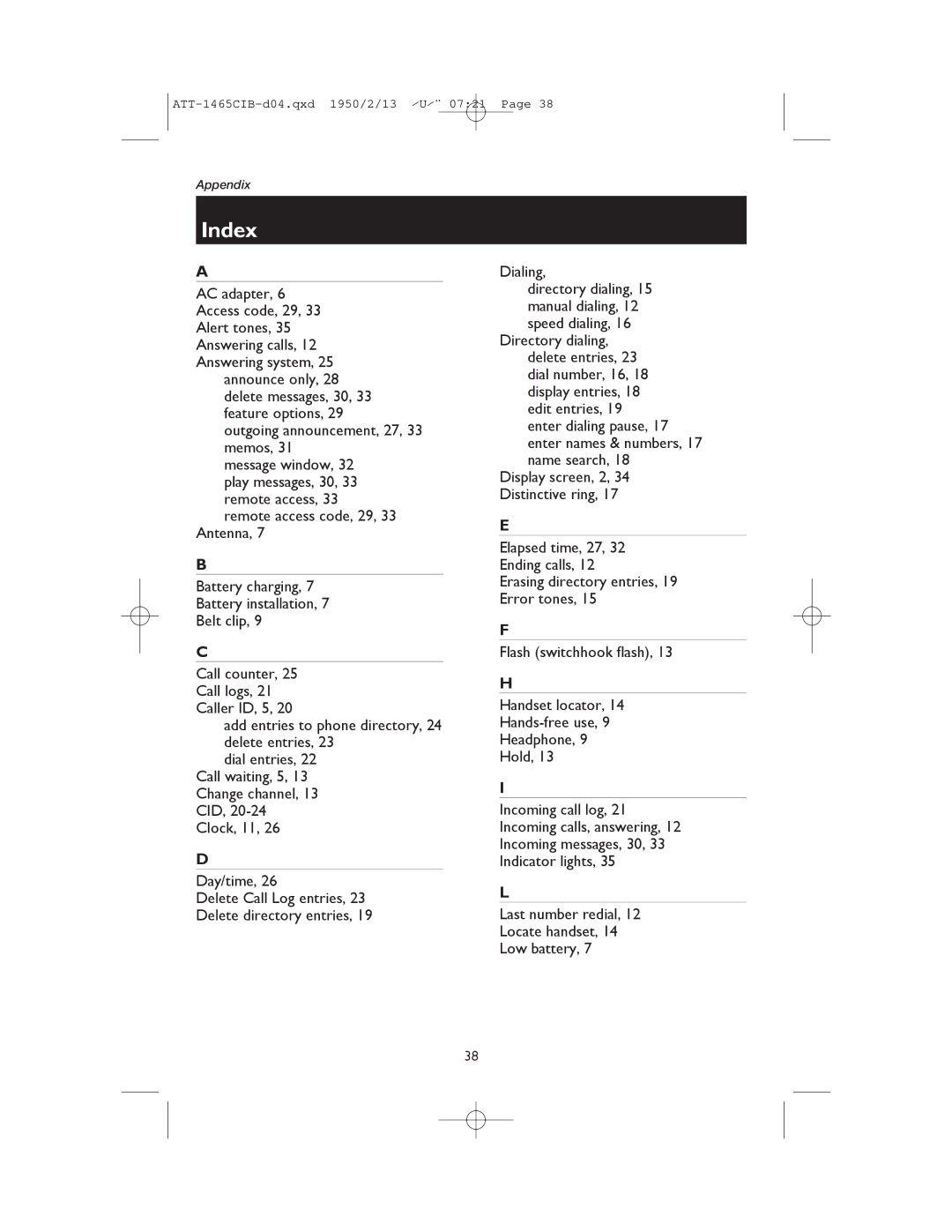 AT&T 1165 user manual Index 