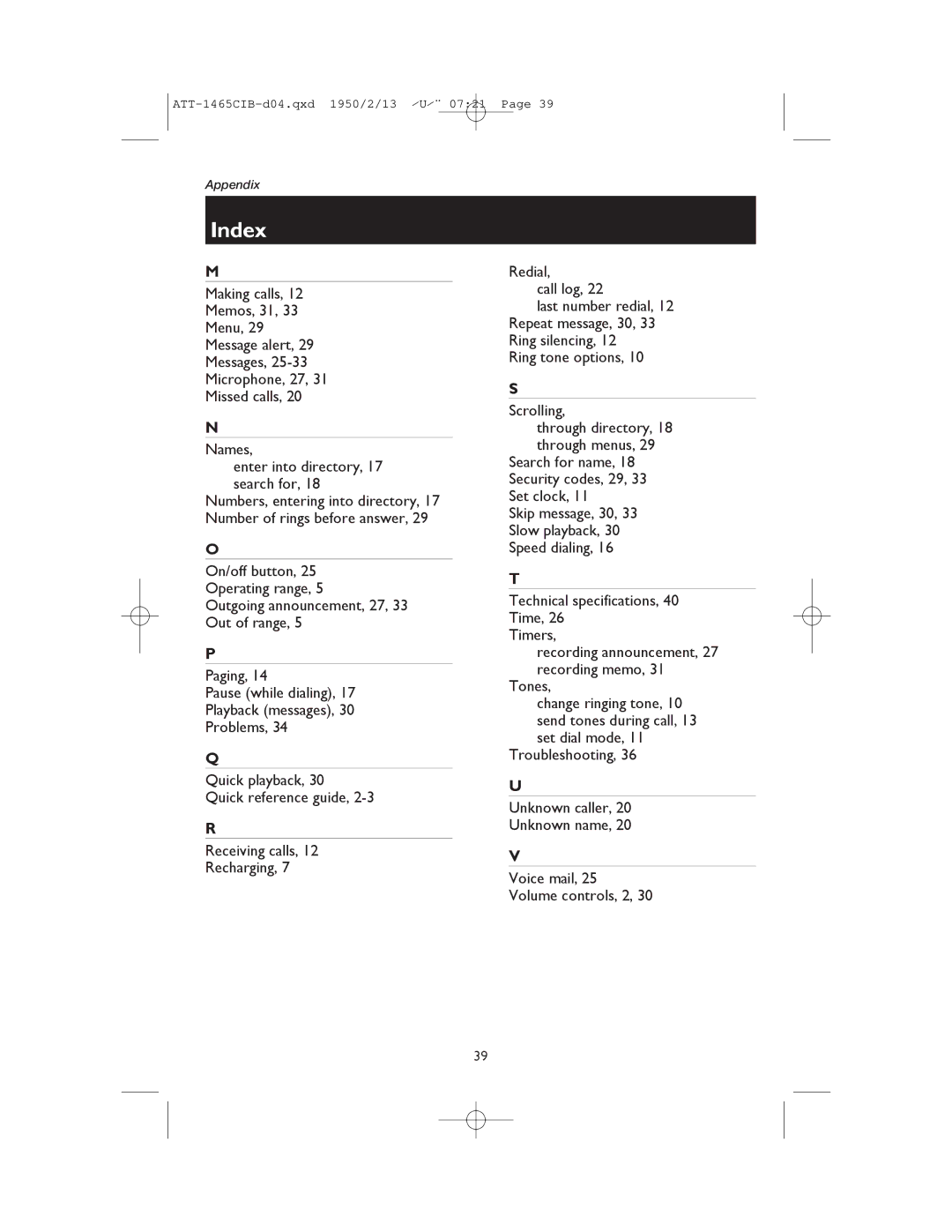 AT&T 1165 user manual Index 