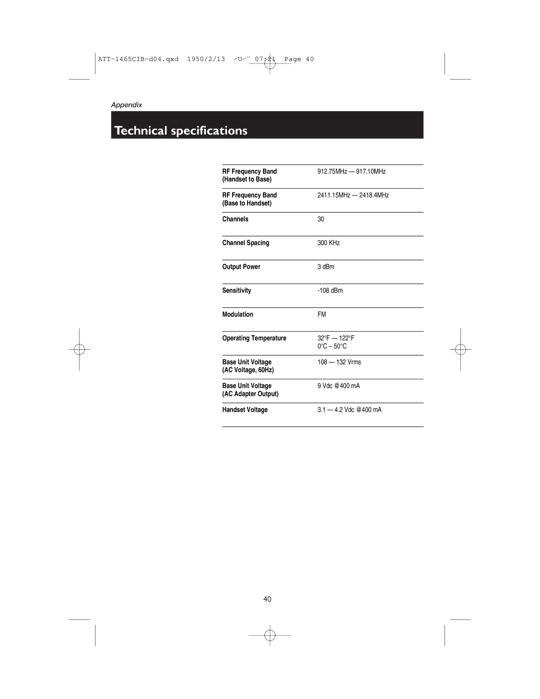 AT&T 1165 user manual Technical specifications 