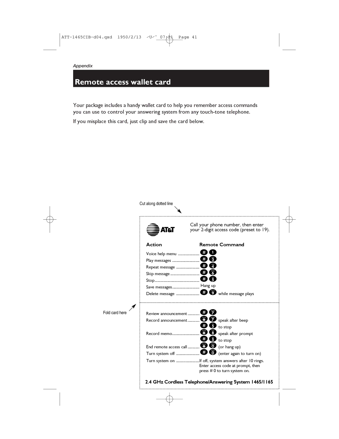 AT&T 1165 user manual Remote access wallet card, Cut along dotted line, Fold card here 