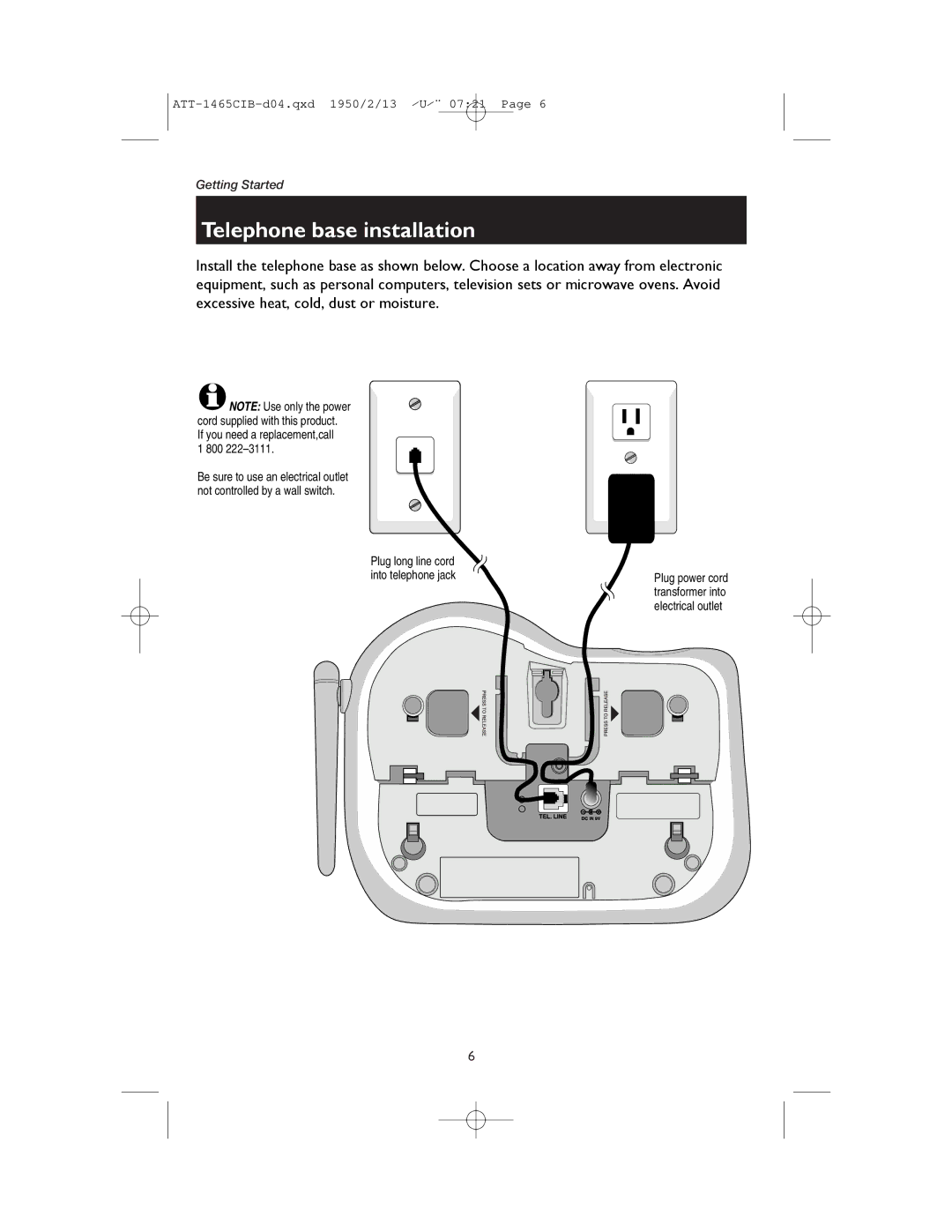 AT&T 1165 user manual Telephone base installation, Plug long line cord Into telephone jack 