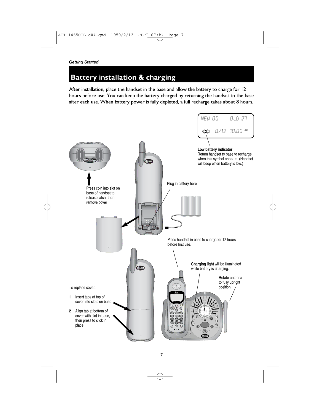 AT&T 1165 user manual Battery installation & charging, To replace cover 