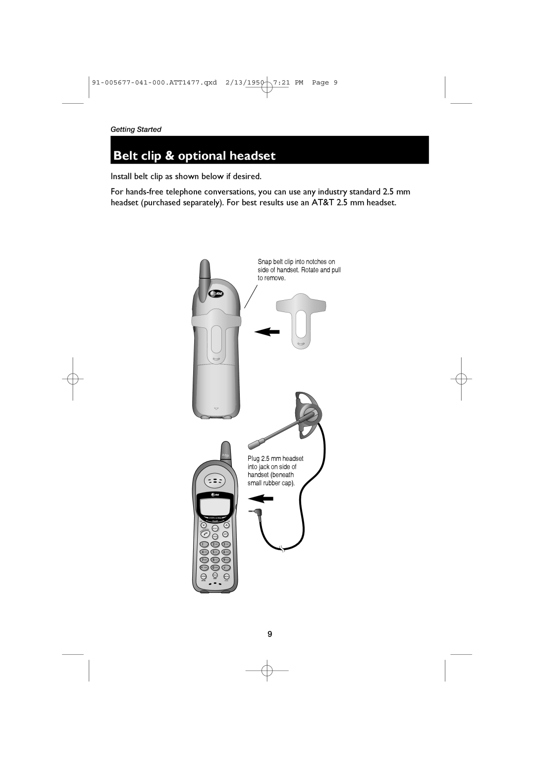 AT&T 1177 user manual Belt clip & optional headset, Install belt clip as shown below if desired 