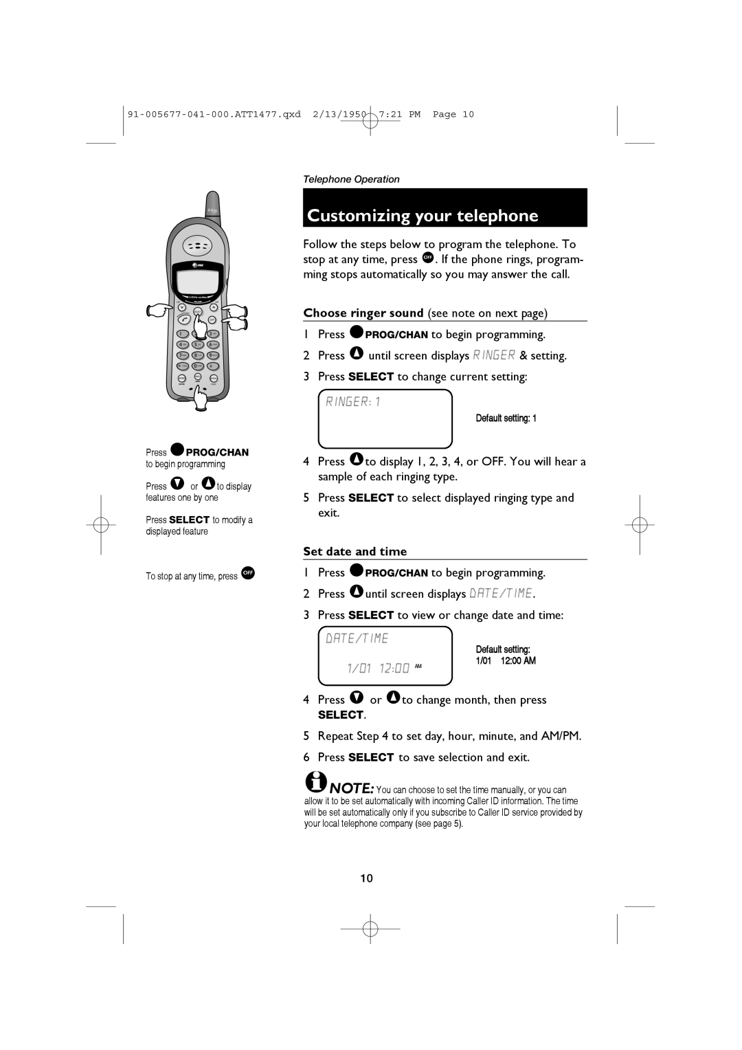 AT&T 1177 user manual Customizing your telephone, Set date and time, Press @PROG/CHAN to begin programming, Default setting 