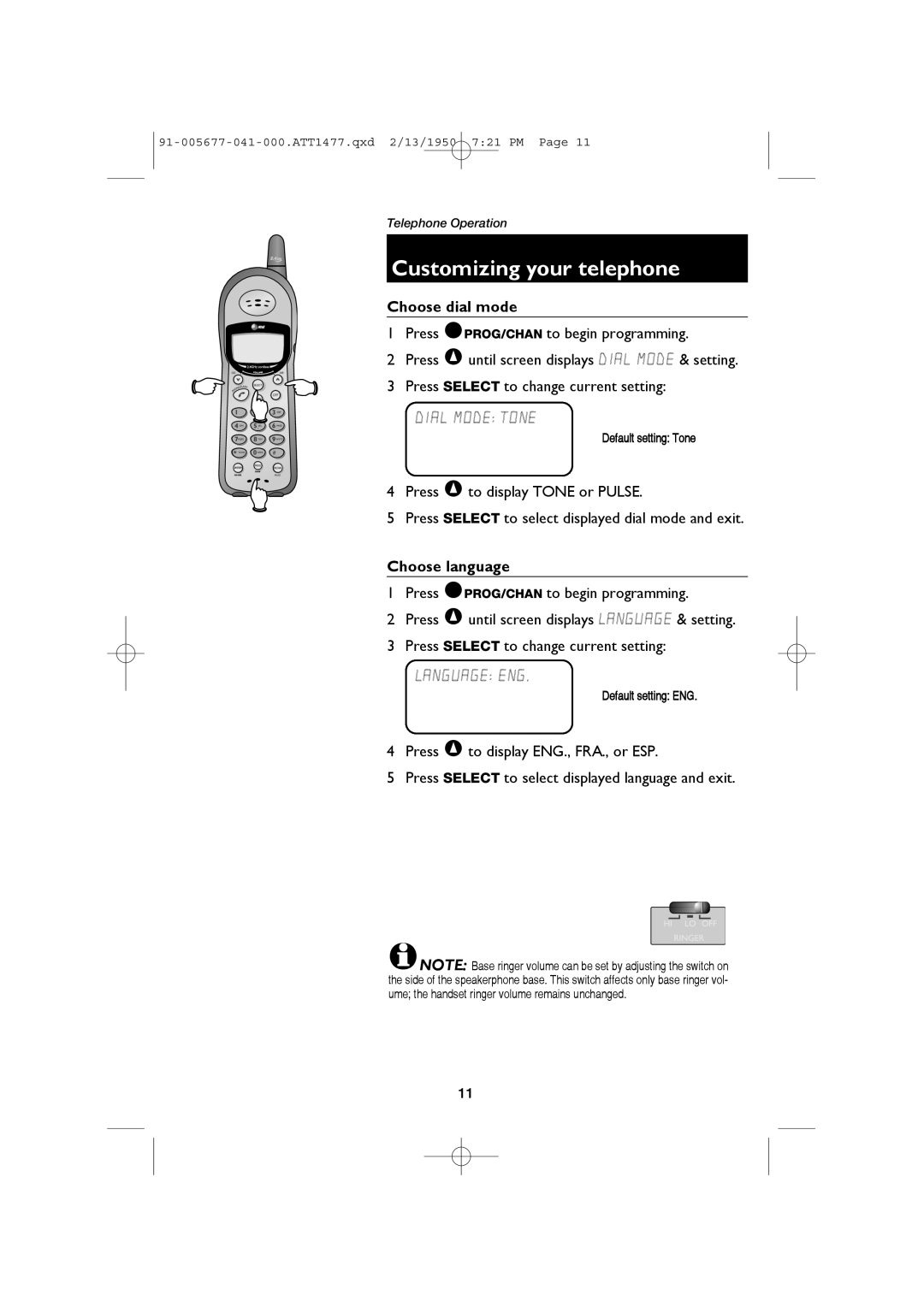 AT&T 1177 user manual Choose dial mode, Choose language, Default setting Tone, Default setting ENG 