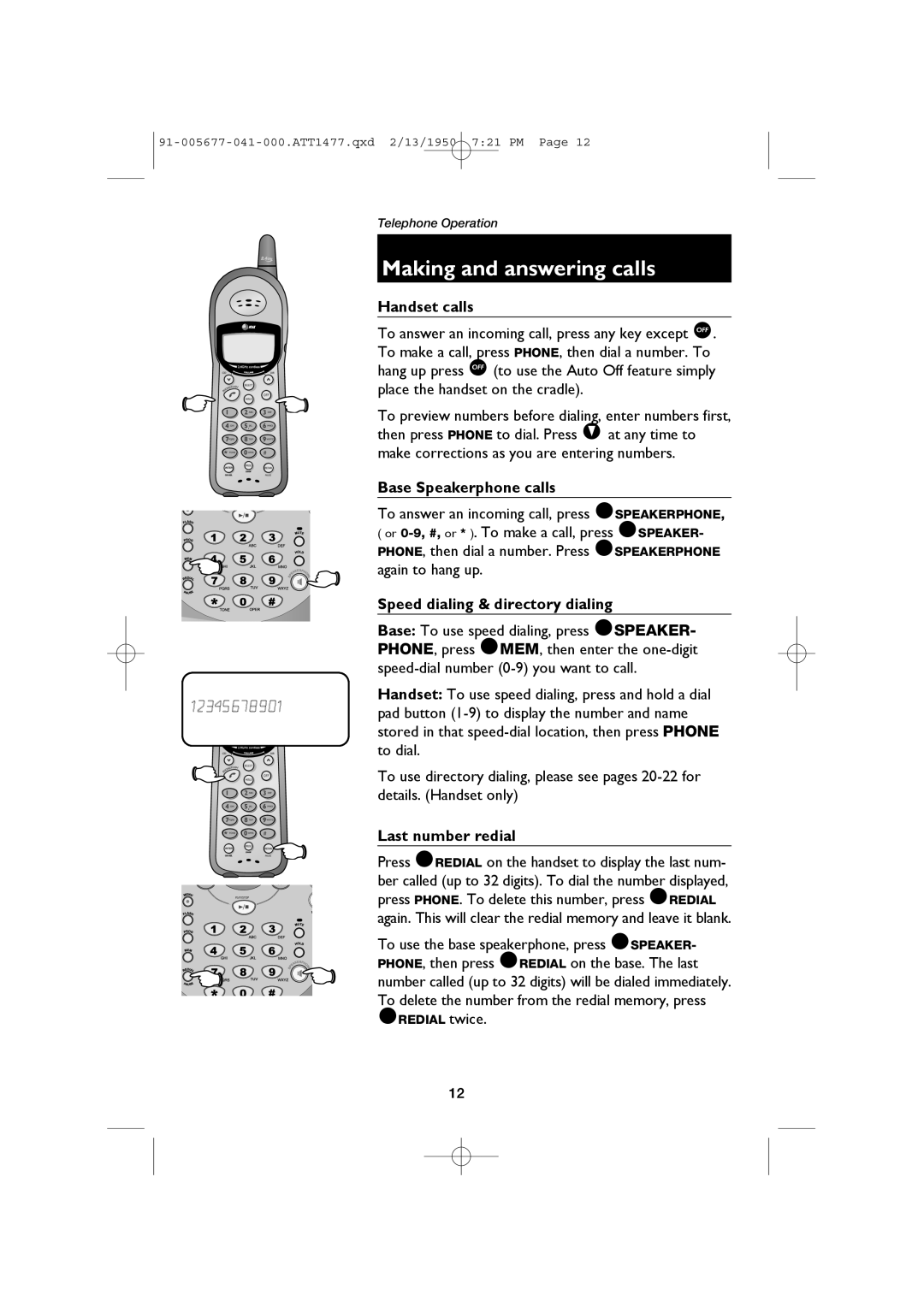 AT&T 1177 user manual Making and answering calls, Handset calls, Base Speakerphone calls, Speed dialing & directory dialing 