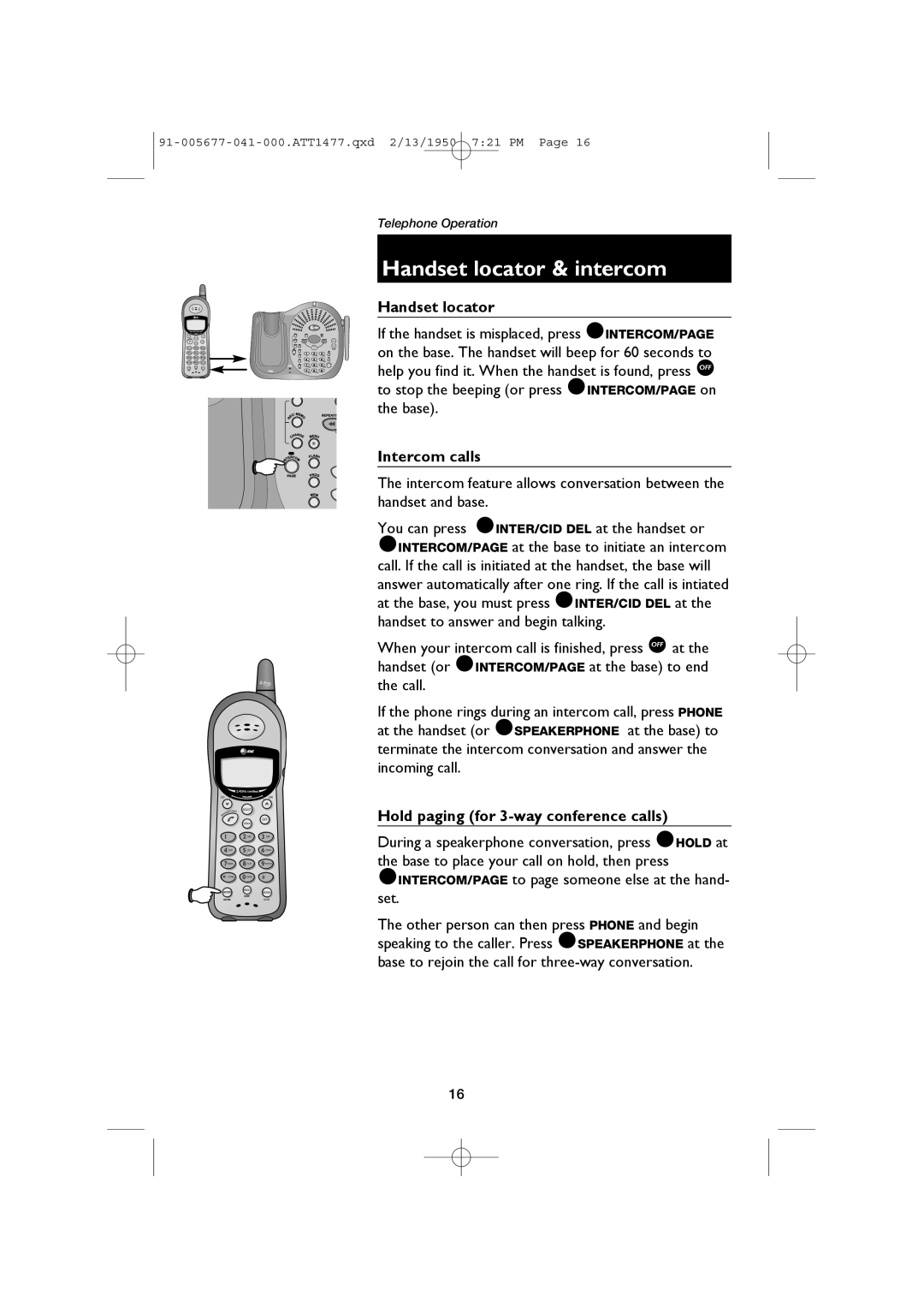 AT&T 1177 user manual Handset locator & intercom, Intercom calls, Hold paging for 3-way conference calls 