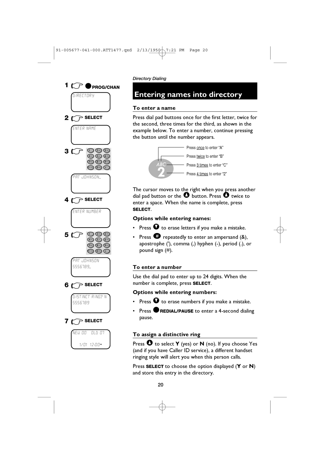 AT&T 1177 user manual Entering names into directory 