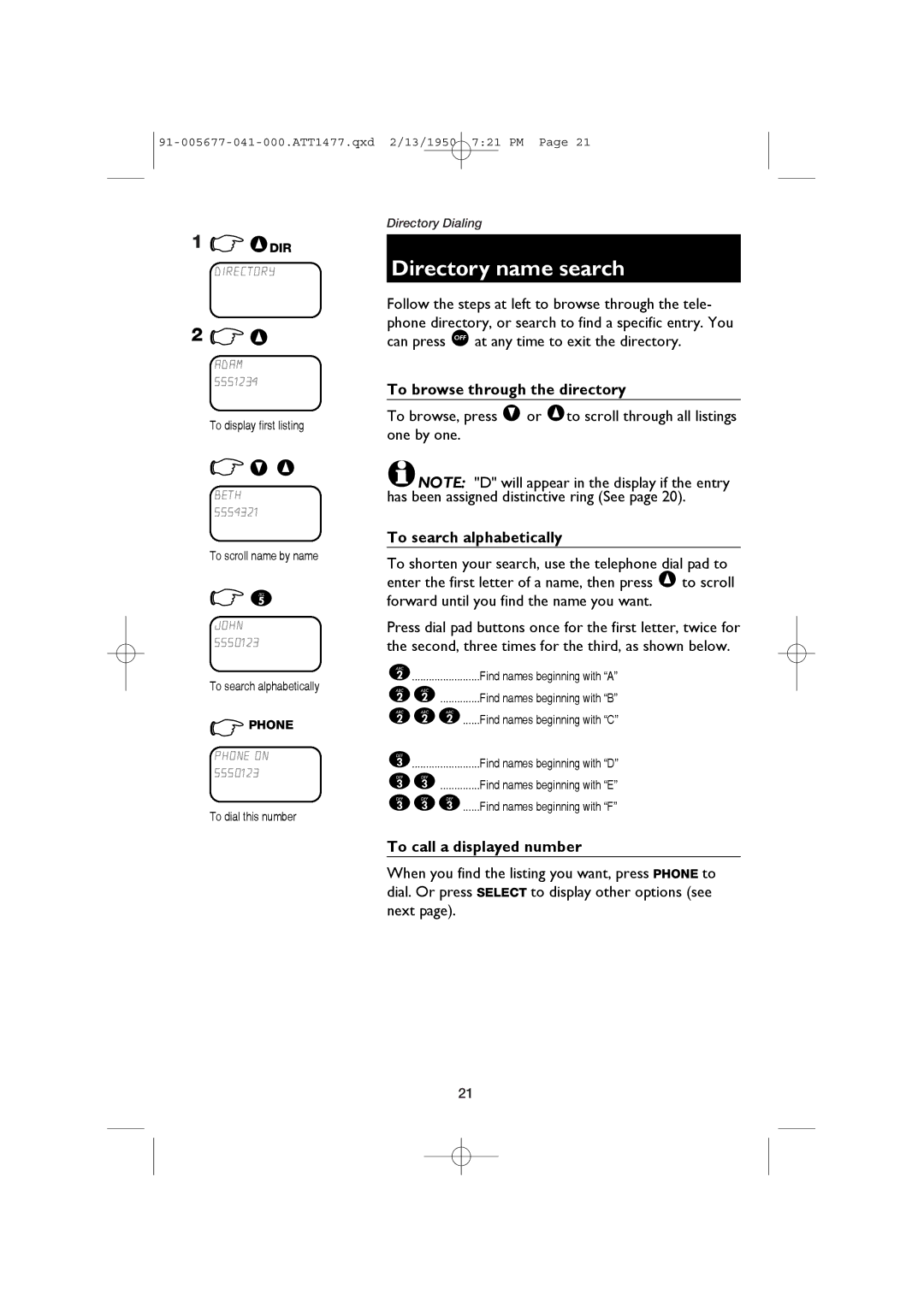 AT&T 1177 Directory name search, To browse through the directory, To search alphabetically, To call a displayed number 