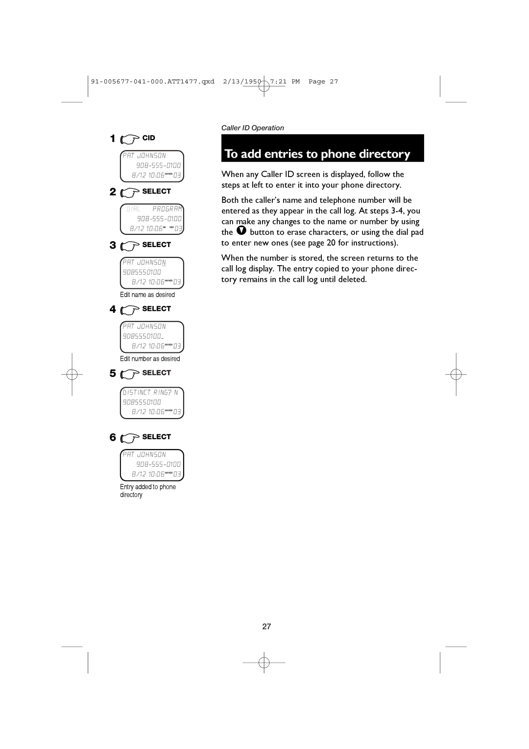 AT&T 1177 user manual To add entries to phone directory 