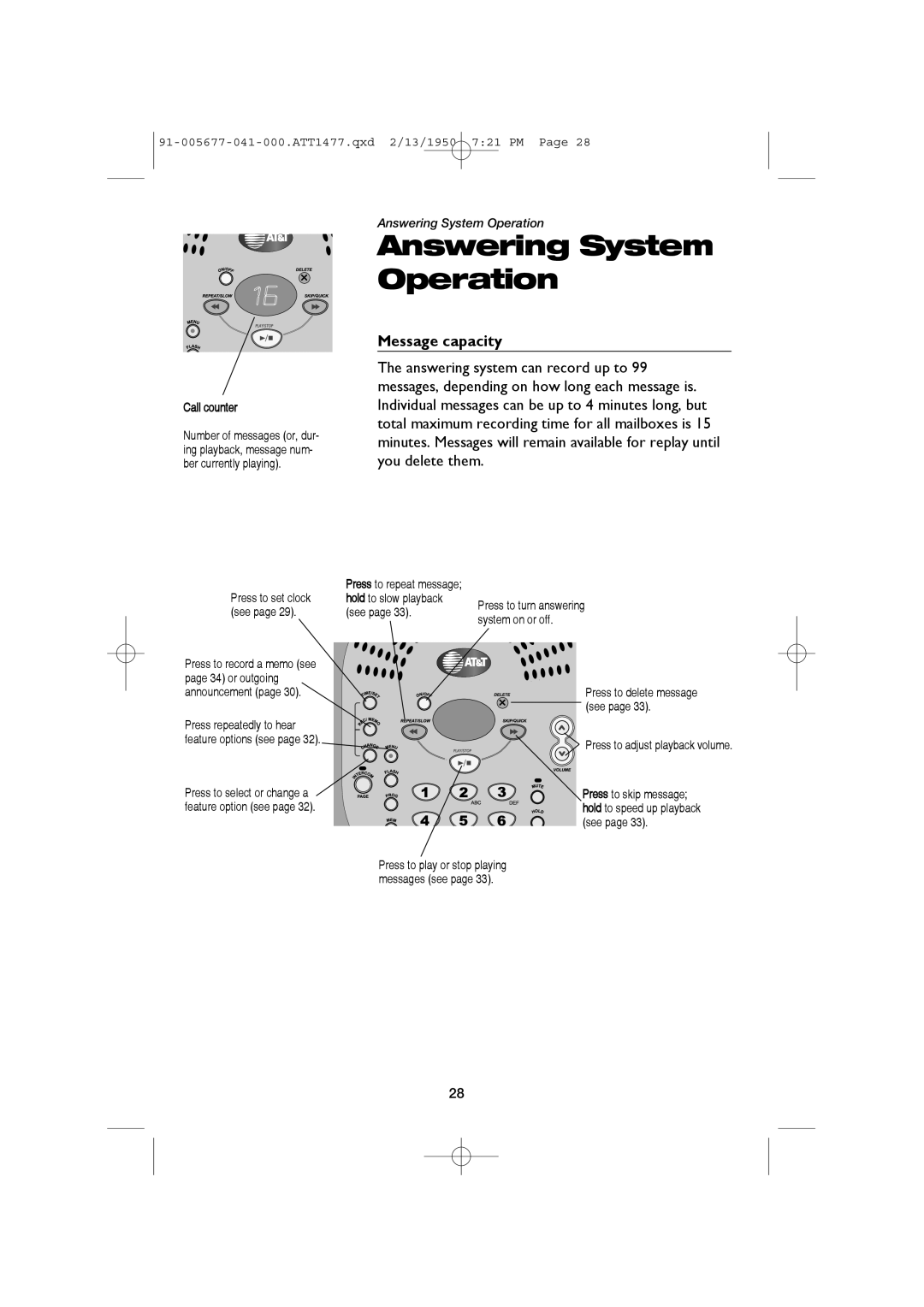 AT&T 1177 user manual Message capacity, Call counter 