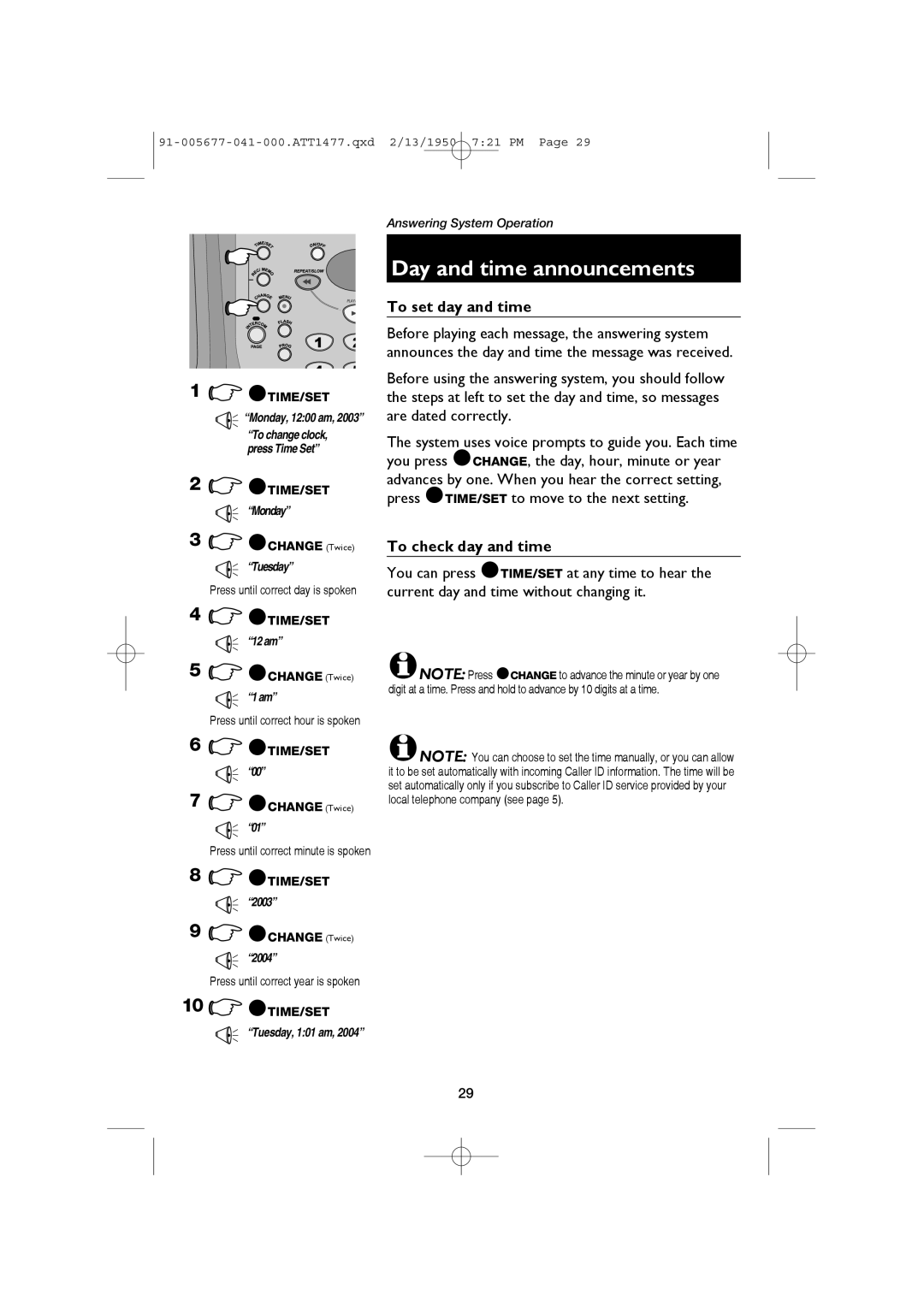 AT&T 1177 user manual Day and time announcements, To set day and time, To check day and time, @CHANGE Twice 