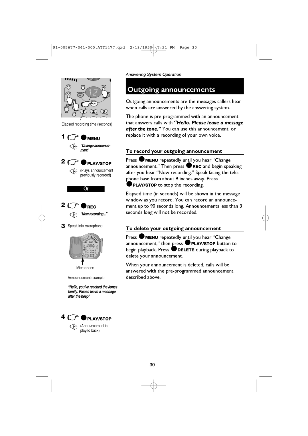 AT&T 1177 Outgoing announcements, To record your outgoing announcement, To delete your outgoing announcement, @Rec 