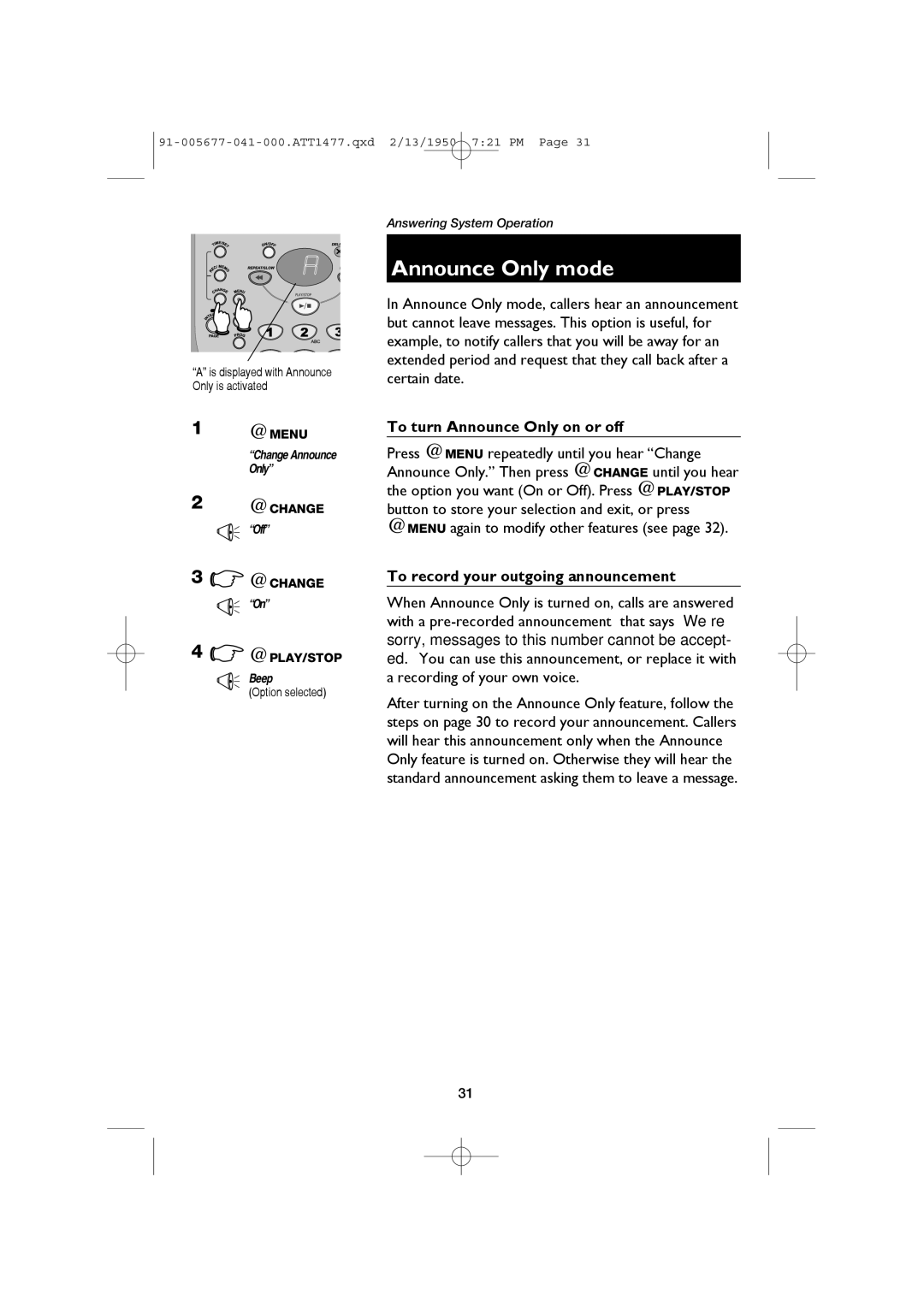 AT&T 1177 user manual Announce Only mode, To turn Announce Only on or off 