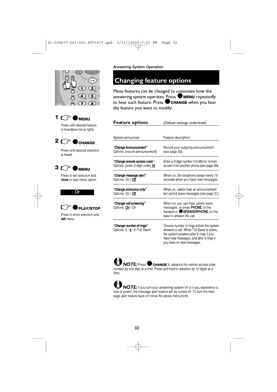 AT&T 1177 user manual Changing feature options, Feature options 