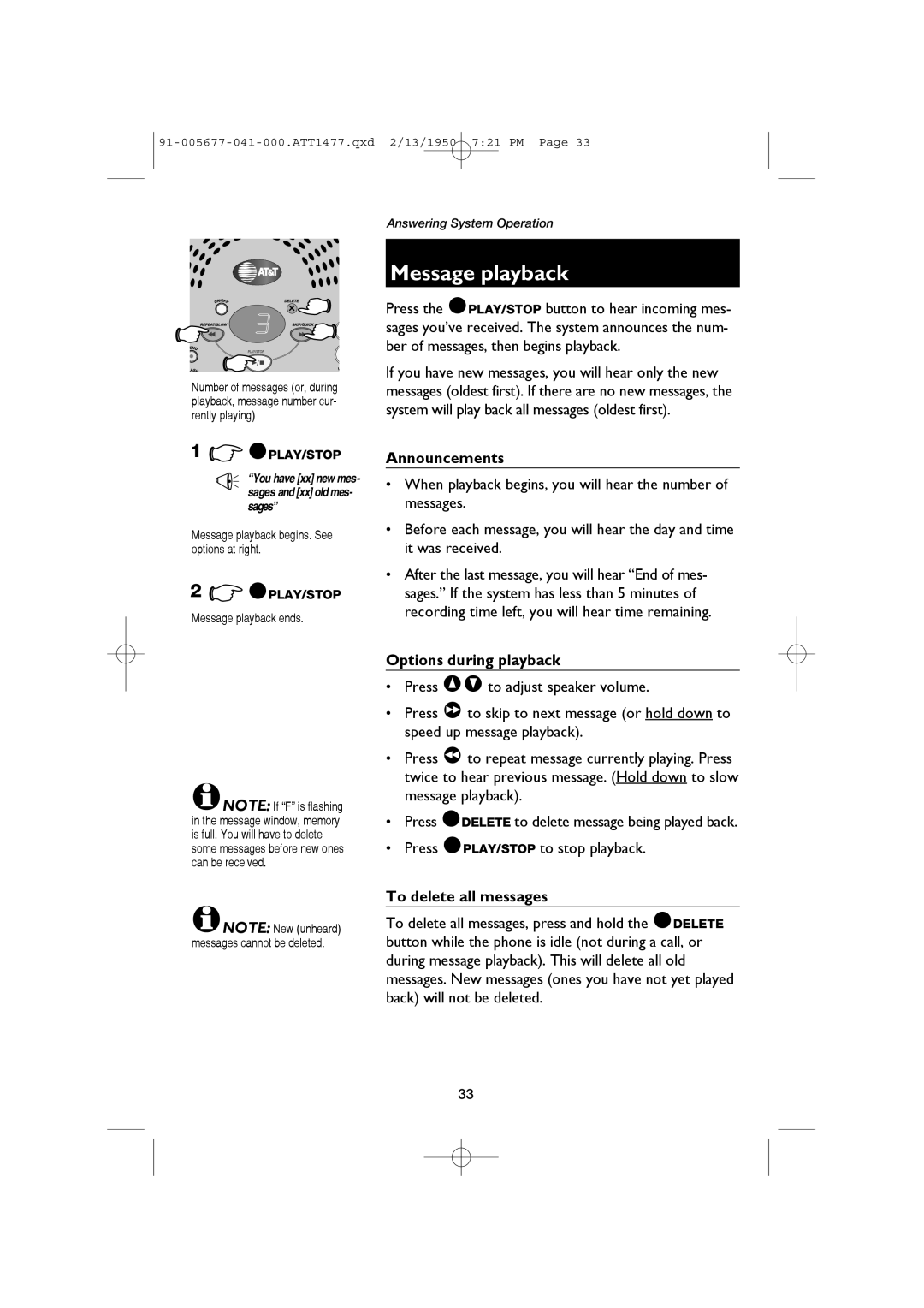 AT&T 1177 user manual Message playback, Announcements, Options during playback, To delete all messages 