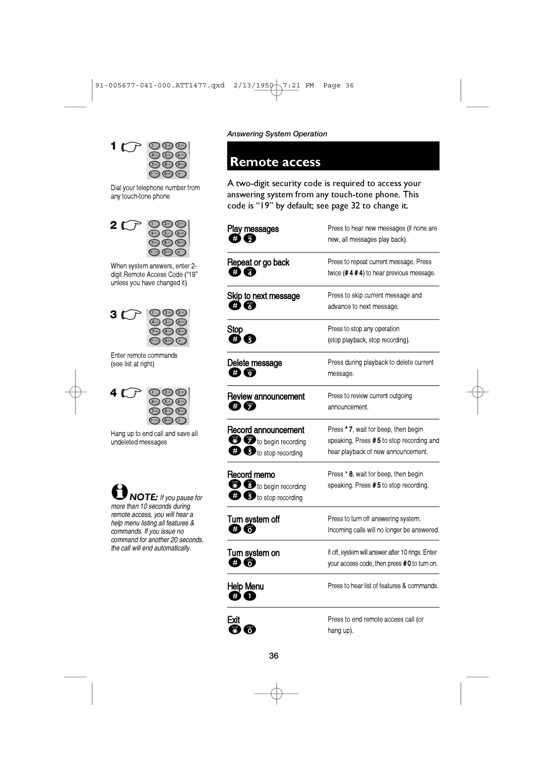 AT&T 1177 user manual Remote access 