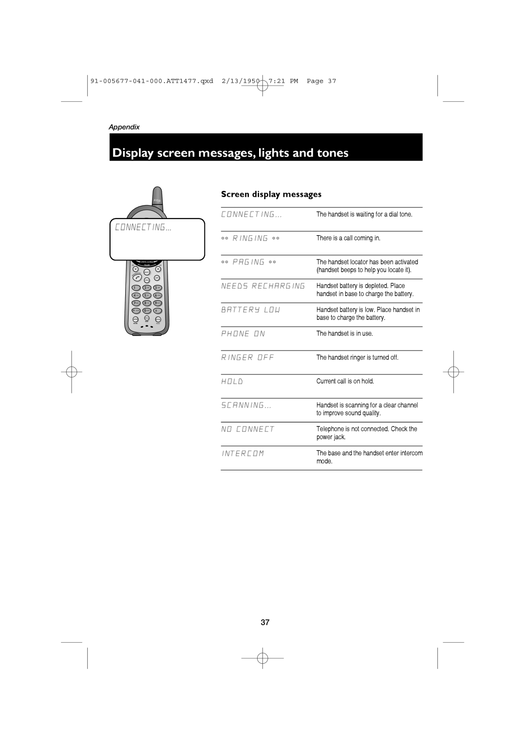 AT&T 1177 user manual Display screen messages, lights and tones, Screen display messages 