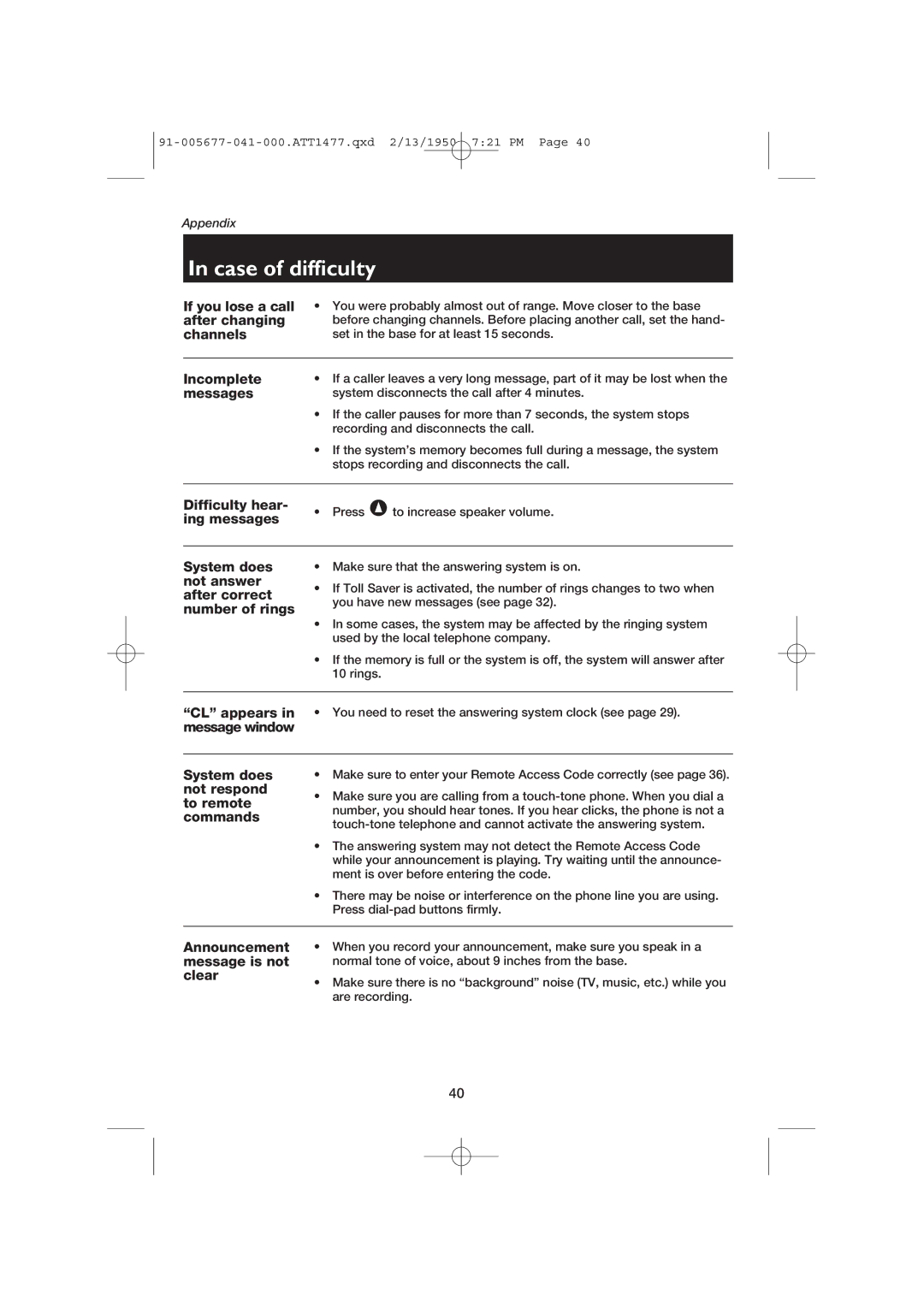 AT&T 1177 user manual Messages, You need to reset the answering system clock see 