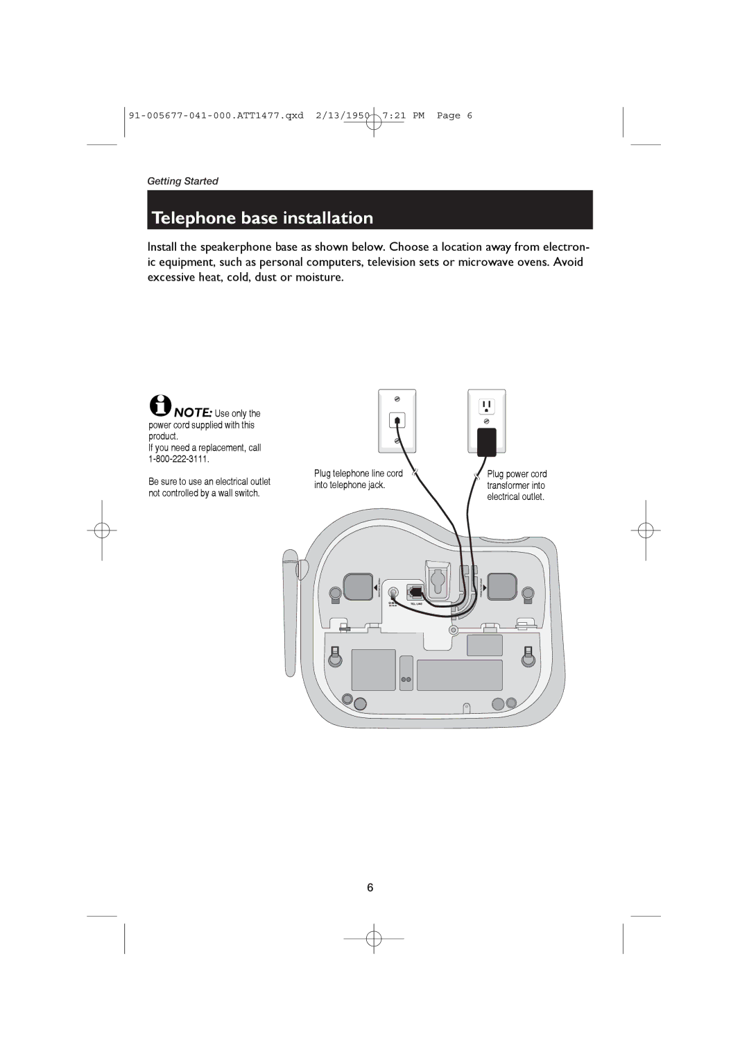 AT&T 1177 user manual Telephone base installation 