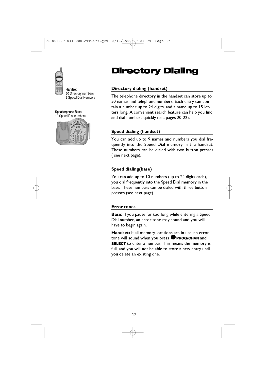 AT&T 1177 user manual Directory Dialing, Directory dialing handset, Speed dialing handset, Speed dialingbase, Error tones 